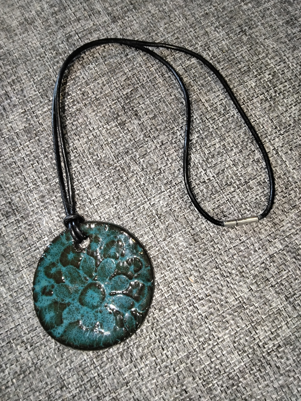 Handmade Teal Floral Ceramic Pendant Necklace - Leather Cord
